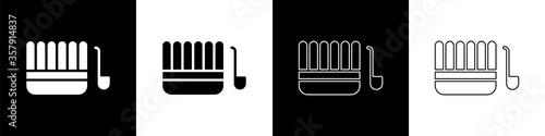 Set Sauna bucket and ladle icon isolated on black and white background. Vector Illustration