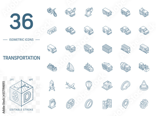 Isometric line art icon set. Vector illustration with transport, transportation symbols. Police car, train, yacht, taxi, bicycle and truck pictogram. 3d technical drawing. Editable stroke