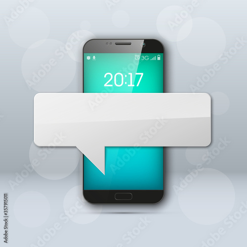 New model Mobile phone with platform for communication. Cell mobile short message. Smartphone blank colloquial cloud banner. Cellular empty advertising poster.