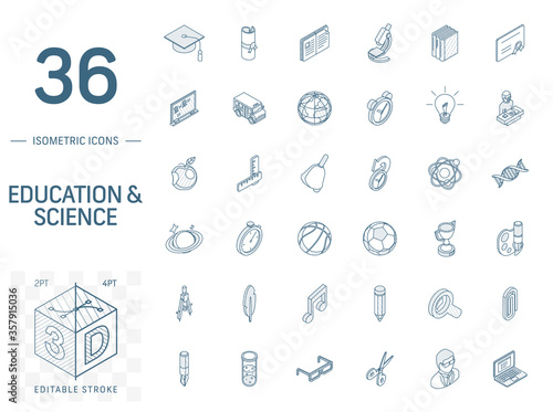 Isometric line art icon set. Vector illustration with education, learning and elearning, think symbols. Book, microscope, calculator, pen, teacher pictogram. 3d technical drawing. Editable stroke
