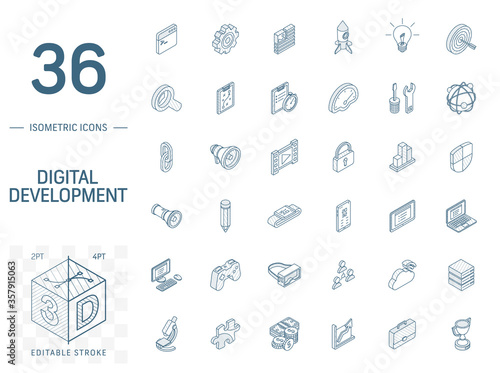 Isometric line art icon set. Vector illustration with web and app development symbols. Digital network technology, coding, application, program data pictogram. 3d technical drawing. Editable stroke
