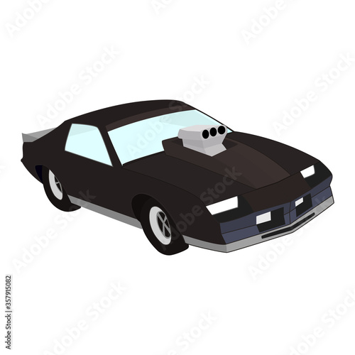 Isometric car for drag racing with a large racing carburetor on the hood. Muscle car isolated on white. Vector EPS10.