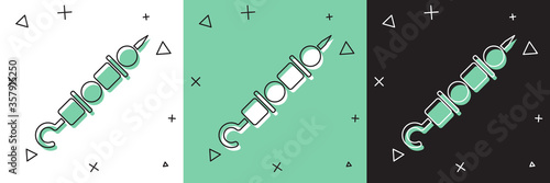 Set Grilled shish kebab on skewer stick icon isolated on white and green, black background. Meat kebab on skewer stick. Picnic with grilled meat. Vector Illustration