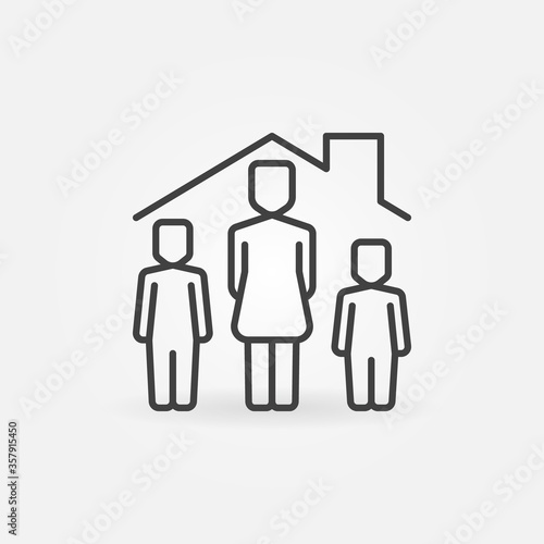 Woman with two Childs under House Roof linear icon. Vector Stay at Home concept symbol in thin line style