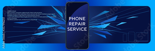 Banner template for smartphone service. Smartphone with broken screen with broken pieces on blue background. Repairing of smartphones. Advertising concept. Vector