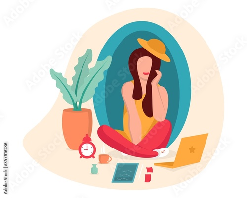 women sitting on indoor for work from home concept illustration