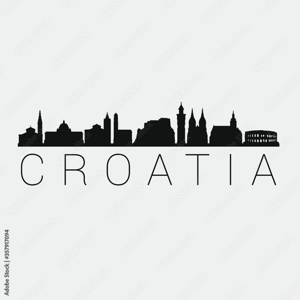 Croatia Skyline Silhouette City. Design Vector. Famous Monuments Tourism Travel. Buildings Tour Landmark.