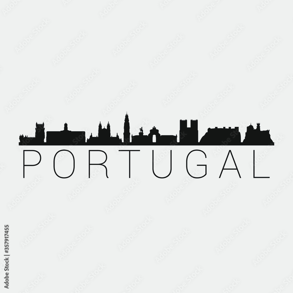 Portugal Skyline Silhouette City. Design Vector. Famous Monuments Tourism Travel. Buildings Tour Landmark.