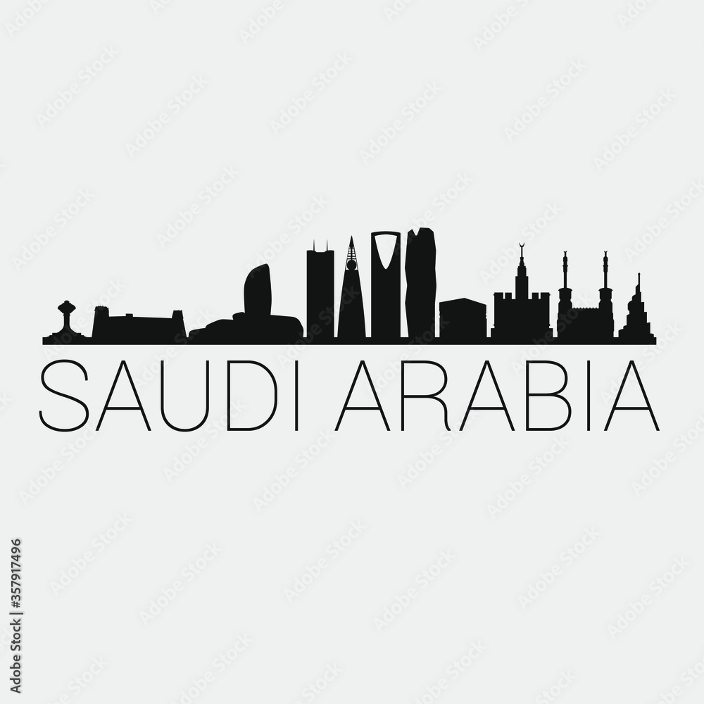 Saudi Arabia Skyline Silhouette City. Design Vector. Famous Monuments Tourism Travel. Buildings Tour Landmark.