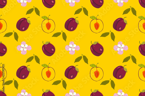 Seamless pattern with plum and plum tree flowers on a yellow background. For paper  covers  fabrics  gift wrapping  interior decoration. Simple design pattern for surface.