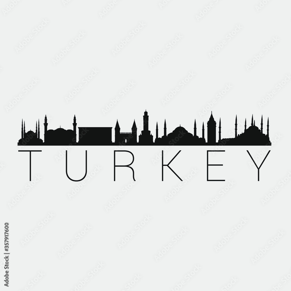 Turkey Skyline Silhouette City. Design Vector. Famous Monuments Tourism Travel. Buildings Tour Landmark.