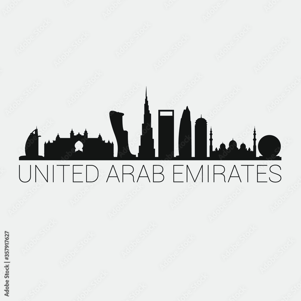 United Arab Emirates Skyline Silhouette City. Design Vector. Famous Monuments Tourism Travel. Buildings Tour Landmark.