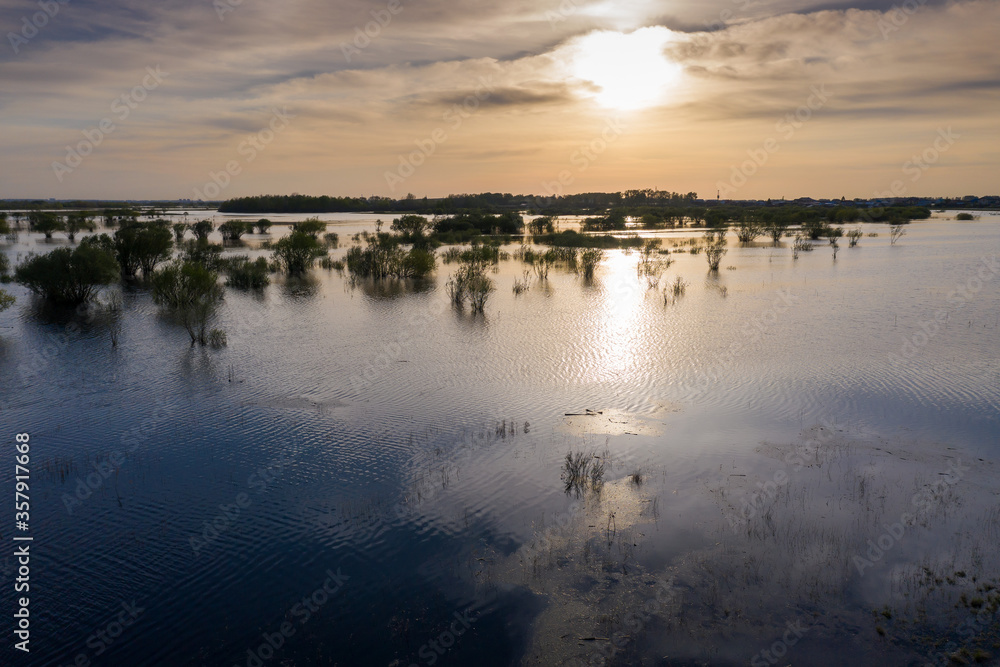 Fototapeta premium Scenic aerial view of high water in spring time