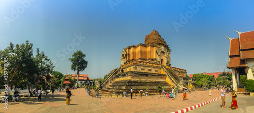 Old massive ruins pagoda of Wat Chedi Luang (temple of the big royal stupa), located in Chiang Mai, Thailand. Wat Chedi Luang was built in 1383 and the structure collapsed after an earthquake in 1545.