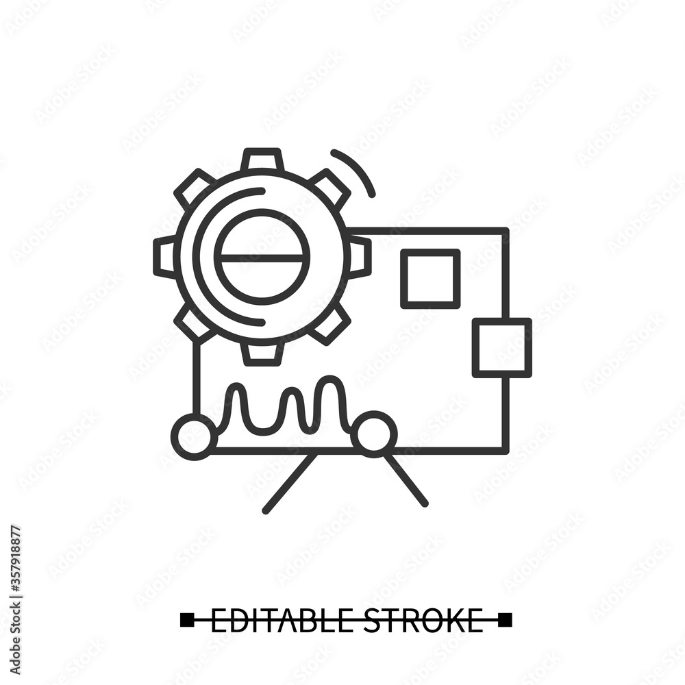 Performance analysis icon.Gear with statistic chart.Concept linear pictogram for creative technology product or service elaboration and management.Editable stroke vector illustration for web Performance analysis icon.Gear with statistic chart.Concept linear pictogram for creative technology product or service elaboration and management.Editable stroke vector illustration for web