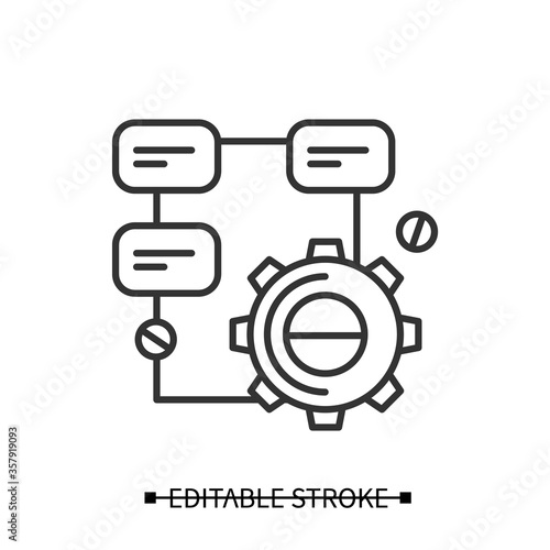 Solution research icon. Gear line pictogram with project structure. Concept of creative process and technical task solution. Editable stroke vector illustration for project management and development