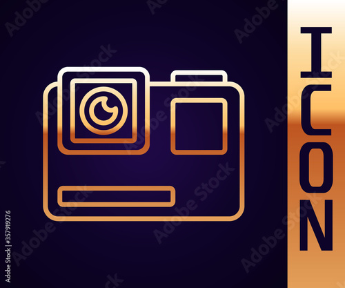 Gold line Action extreme camera icon isolated on black background. Video camera equipment for filming extreme sports. Vector Illustration.