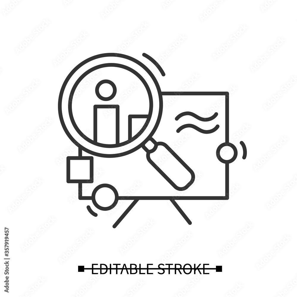 Research icon. Magnifier over data linear pictogram Concept of project design, product analytics and technical solution choice. Editable stroke vector illustration for web and creative industry Research icon. Magnifier over data linear pictogram Concept of project design, product analytics and technical solution choice. Editable stroke vector illustration for web and creative industry