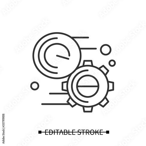 Deadline icon. Gear with timer linear pictogram. Production schedule, development and creative projects time management concept. and Editable stroke vector illustration of creative production.