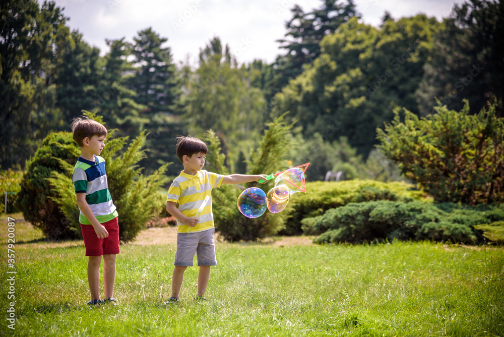 Obraz premium Boy blowing soap bubbles while an excited kid enjoys the bubbles. Happy teenage boy and his brother in a park enjoying making soap bubbles. Happy childhood friendship concept