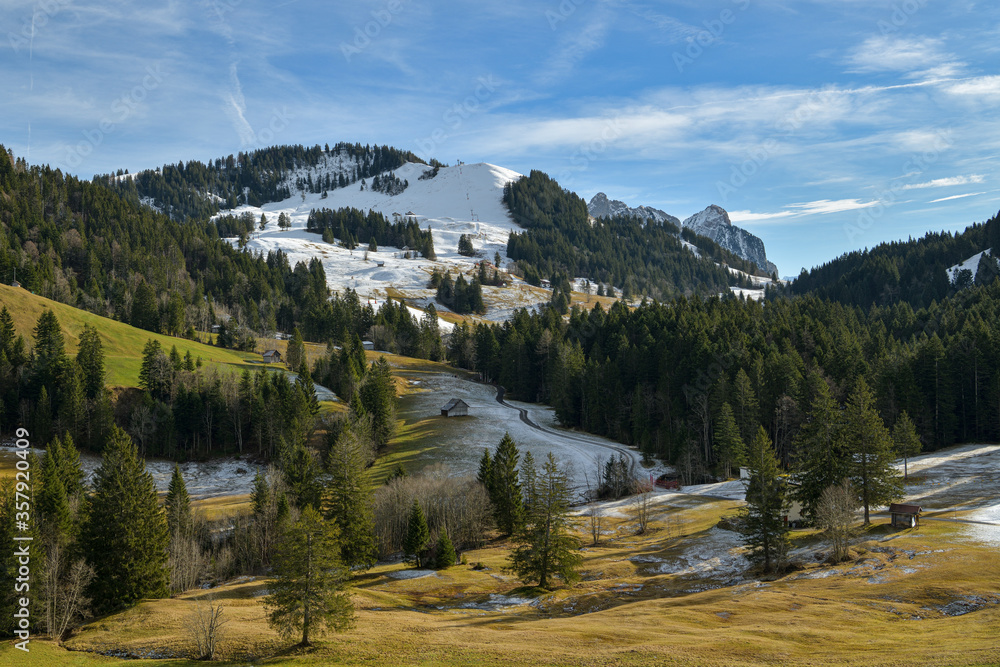 Beautiful view on Hochstuckli peak covered by first snow as seen from Mostel above Sattel