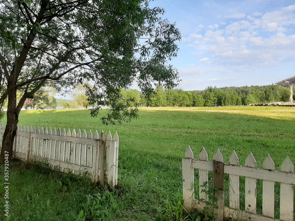 wooden fence on a green field