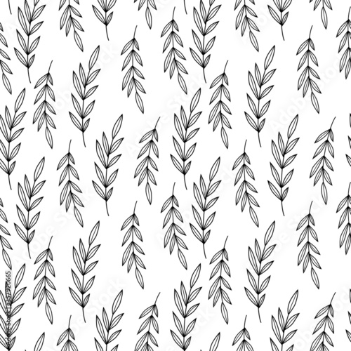 Vector seamless pattern with leaf, twig: black contur leaves for fabric, wallpaper, wrapping paper, textile, package, web design photo