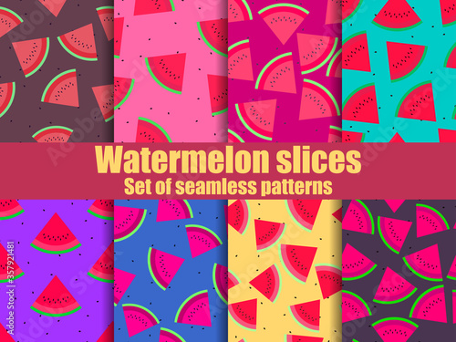 Watermelon set of seamless pattern. Triangular slices of watermelon. For brochures, promotional material and wallpaper. Vector illustration
