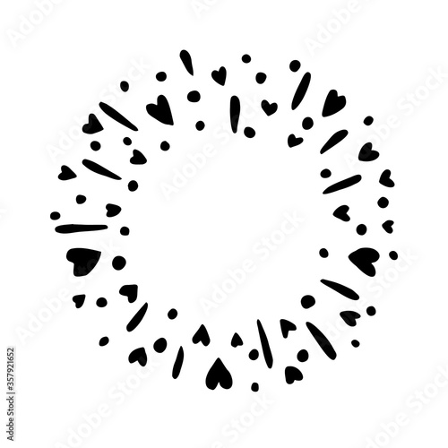 Vector freehand illustration of sunburst with hearts. Abstract, hand drawn element, round frame, isolated on white background.