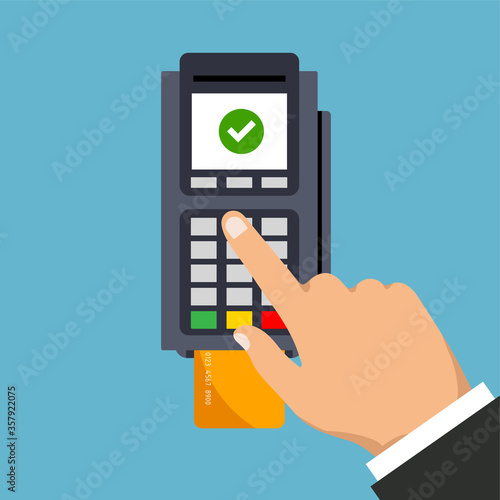 POS terminal usage. Hand pushing credit or debit card into the pos machine slot. Payment by credit card and entered PIN. Vector illustration. Isolated.
