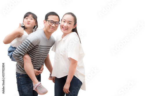 Happy family woman and a man with little child smiling and fun isolated over white background.