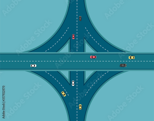 Top view road with different cars. Autobahn and highway junction. City infrastructure with transportation elements.Vector illustration in a flat modern style.