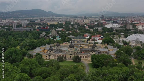 One of the largest spa complexes of the Szechenyi Thermal Bath in the Budapest City Park. In the background is the capital's Great Circus, as well as the capital's Zoo. Budapest, Hungary / 06.11.2020.