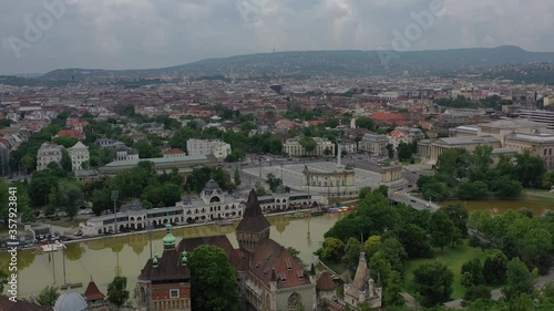 Beautiful views of Heroes' Square and the city. In front of it is the city park, boating lake, and Vajdahunyad Castle. Tourist attraction without tourists in the coronavirus period. Drone recording.