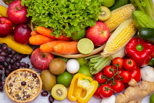 Assortment of Fresh vegetables and fruits background Healthy food