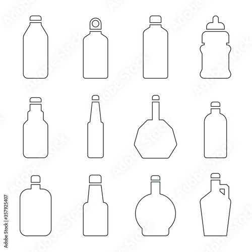 Various glass outline bottle icon set. Thin line silhouette.