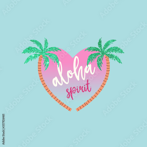 green glitter palm beach pink heart aloha spirit text line garden tee illustration art vector
