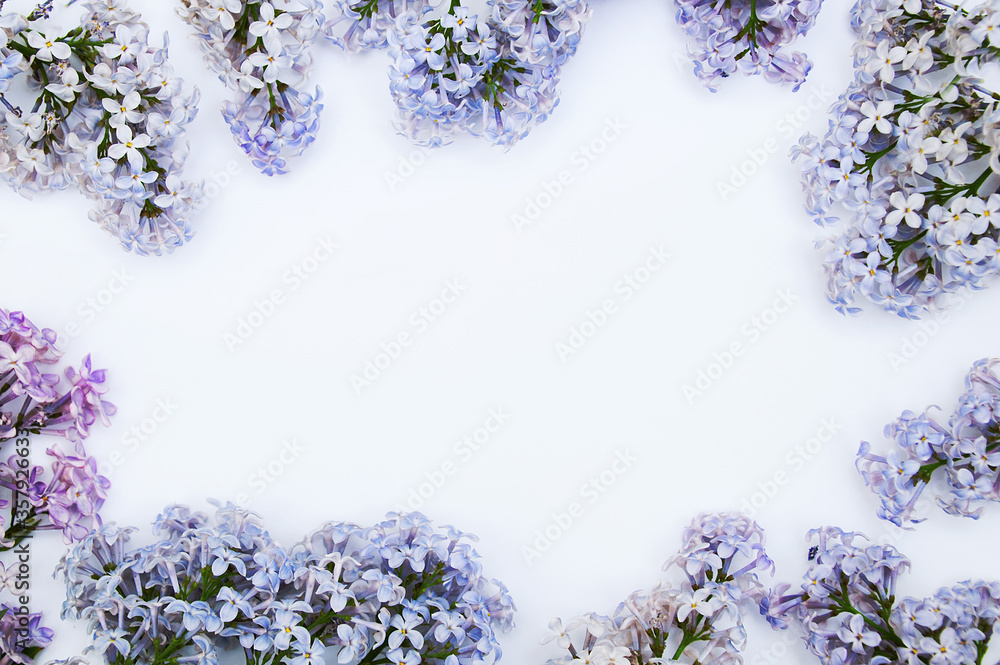 Framing with branches of common lilac. White background. Place for text. Framing with branches of common lilac. White background. Place for text.