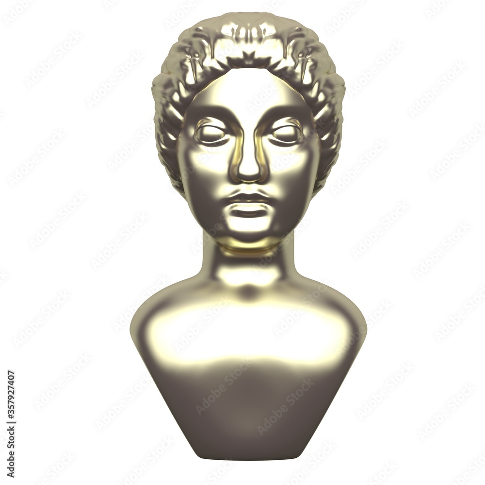 Golden antique statue of a female head on a white background. Front view. 3d rendering