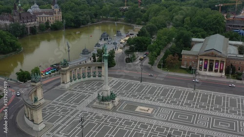 Heroes Square and the boating lake behind it are empty. Tourist attraction without tourists during coronavirus period. Drone recording.