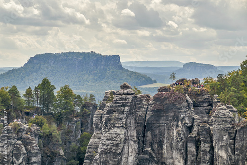 Panorama Saxon Switzerland of the rock formations Ferdinandstein, Lilienstein and Königstein