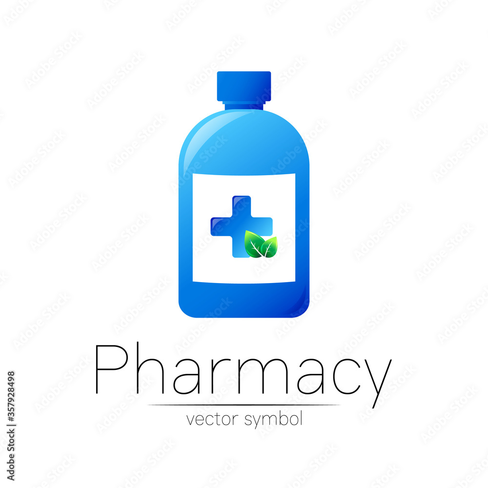 Pharmacy vector symbol with blue bottle and cross, green leaf for pharmacist, pharma store, doctor and medicine. Modern design vector logo on white background. Pharmaceutical icon logotype . Health Pharmacy vector symbol with blue bottle and cross, green leaf for pharmacist, pharma store, doctor and medicine. Modern design vector logo on white background. Pharmaceutical icon logotype . Health