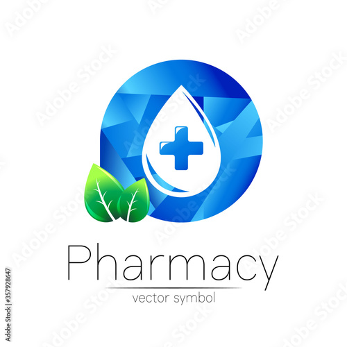 Pharmacy vector symbol of blue drop with cross in circle and leaf for pharmacist, pharma store, doctor and medicine. Modern design vector logo on white background. Pharmaceutical icon logotype health