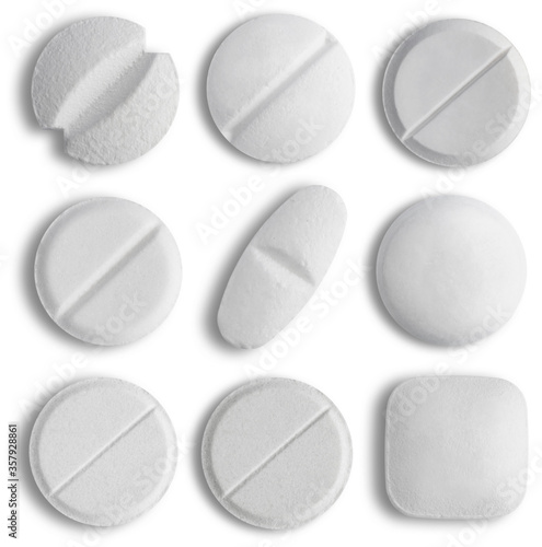 White medical Pill icon set closeup isolated on white background. Medical Drugs Pills and Capsules. Medical, healthcare, pharmaceuticals and chemistry concept.