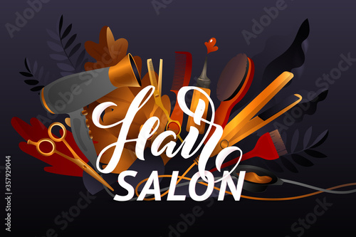 Hair Style. Colorful hairdresser decorative illustration with beauty haircut accessories and equipment with big white letters. Realistic Poster. Vector Illustration black and Gold Colors