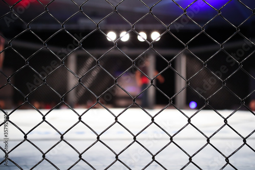 Side view of empty mma arena under light, octagon grid
