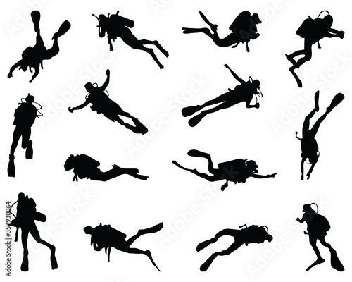 Black silhouette of diver on a white background
