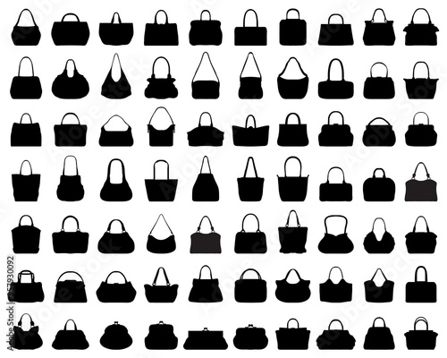 Big set of black silhouettes of handbags on a white background photo