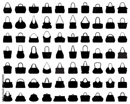 Big set of black silhouettes of handbags on a white background
