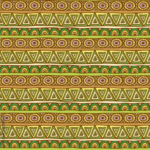Seamless red, orange and green color ornament from geometric elements in ethnic zen style
